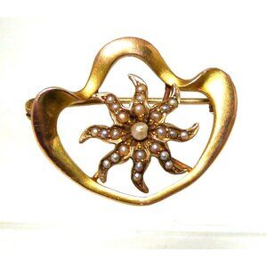 Art Nouveau 14K Gold Brooch With Starfish & Pearl Design
